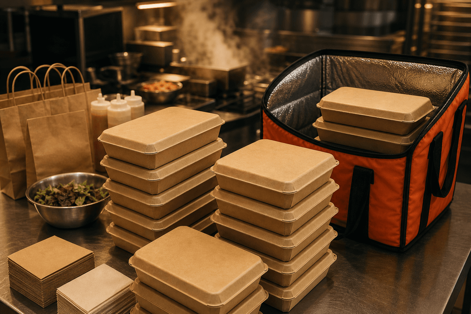 Stacked kraft catering trays prepared for an event