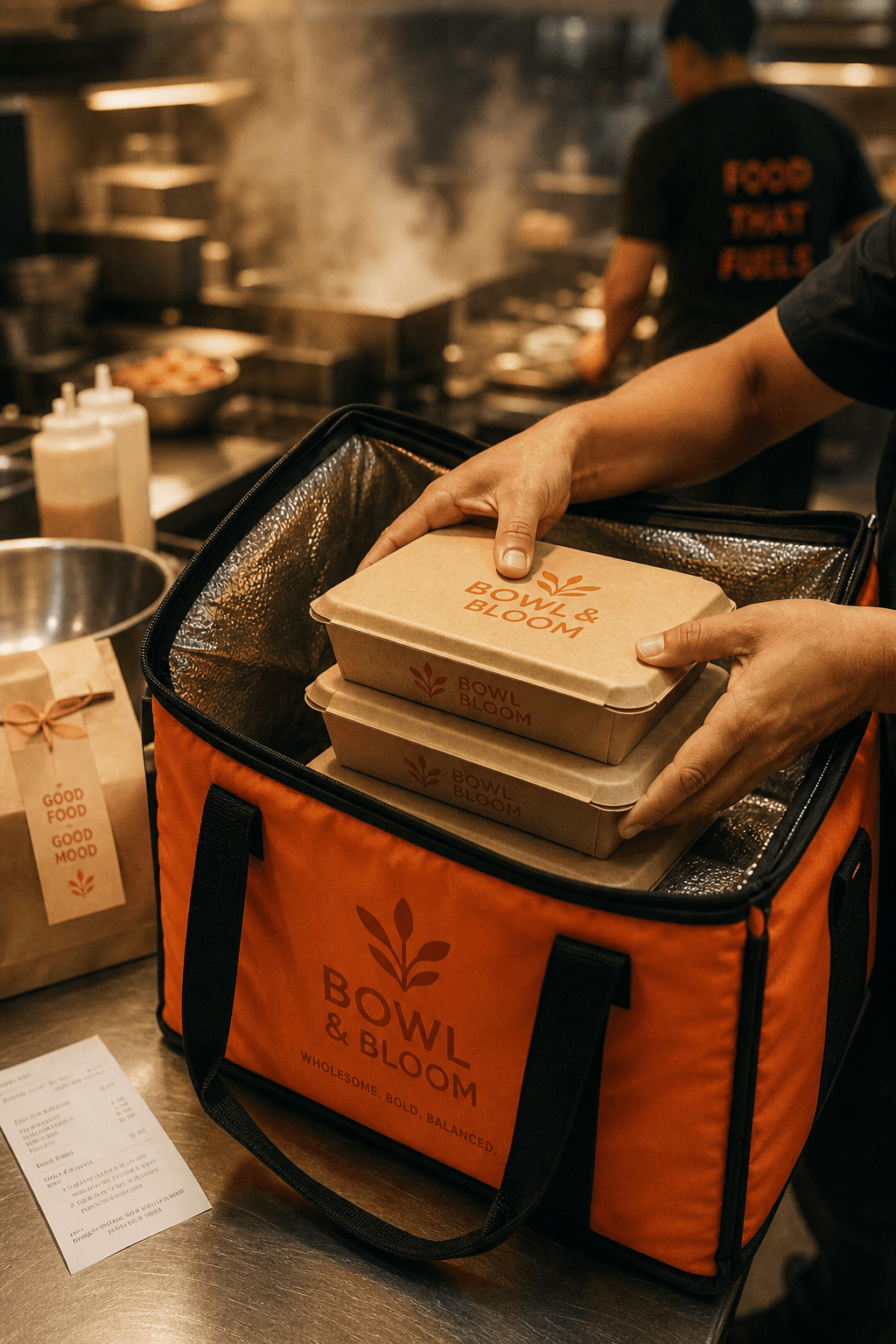 Branded kraft containers being packed into a delivery bag