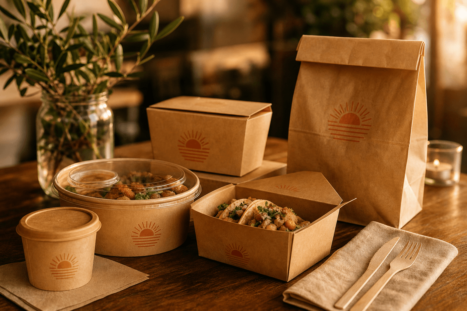 Kraft takeout containers and bags arranged on a restaurant table