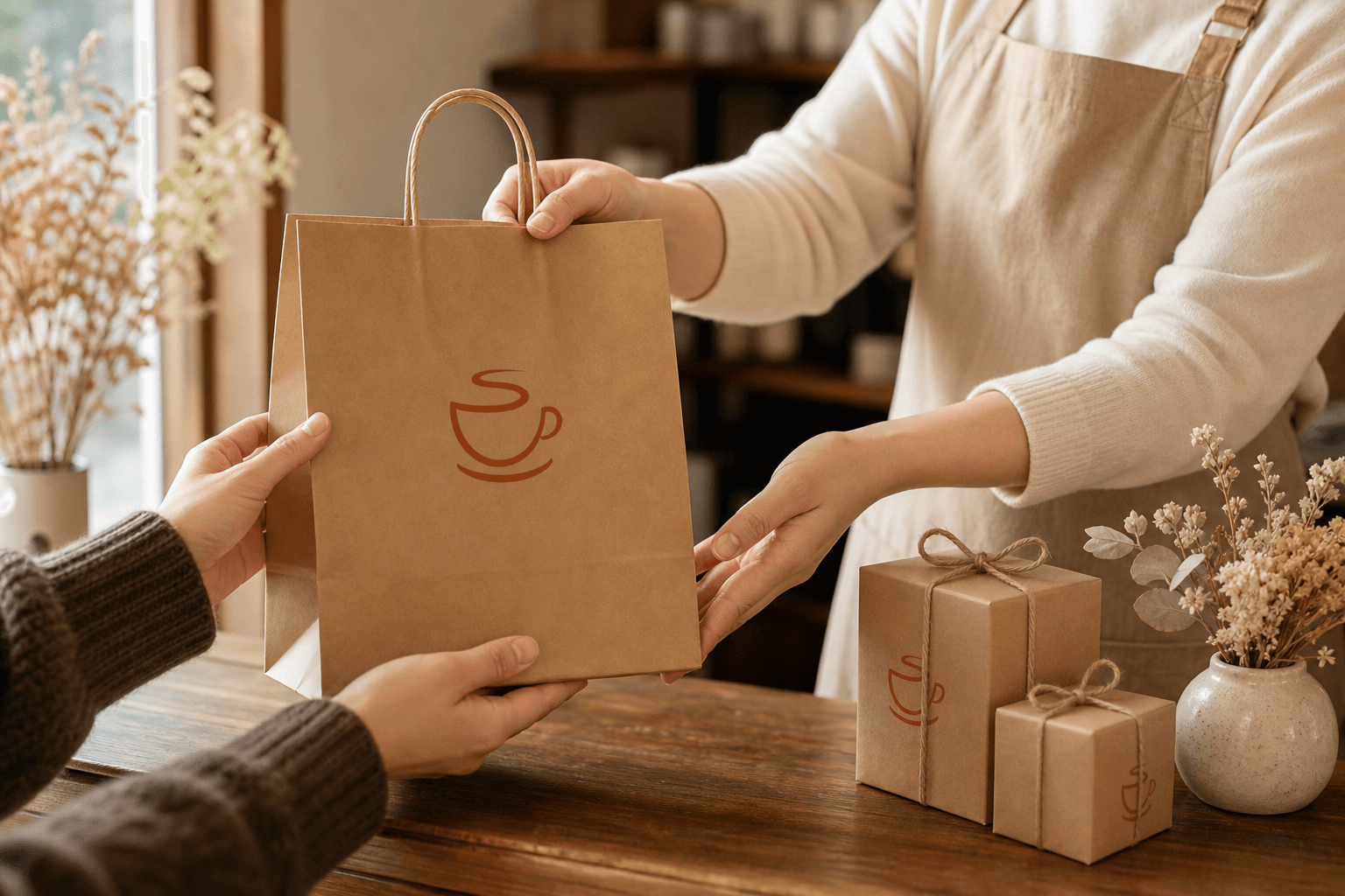 Branded kraft shopping bags at a retail counter