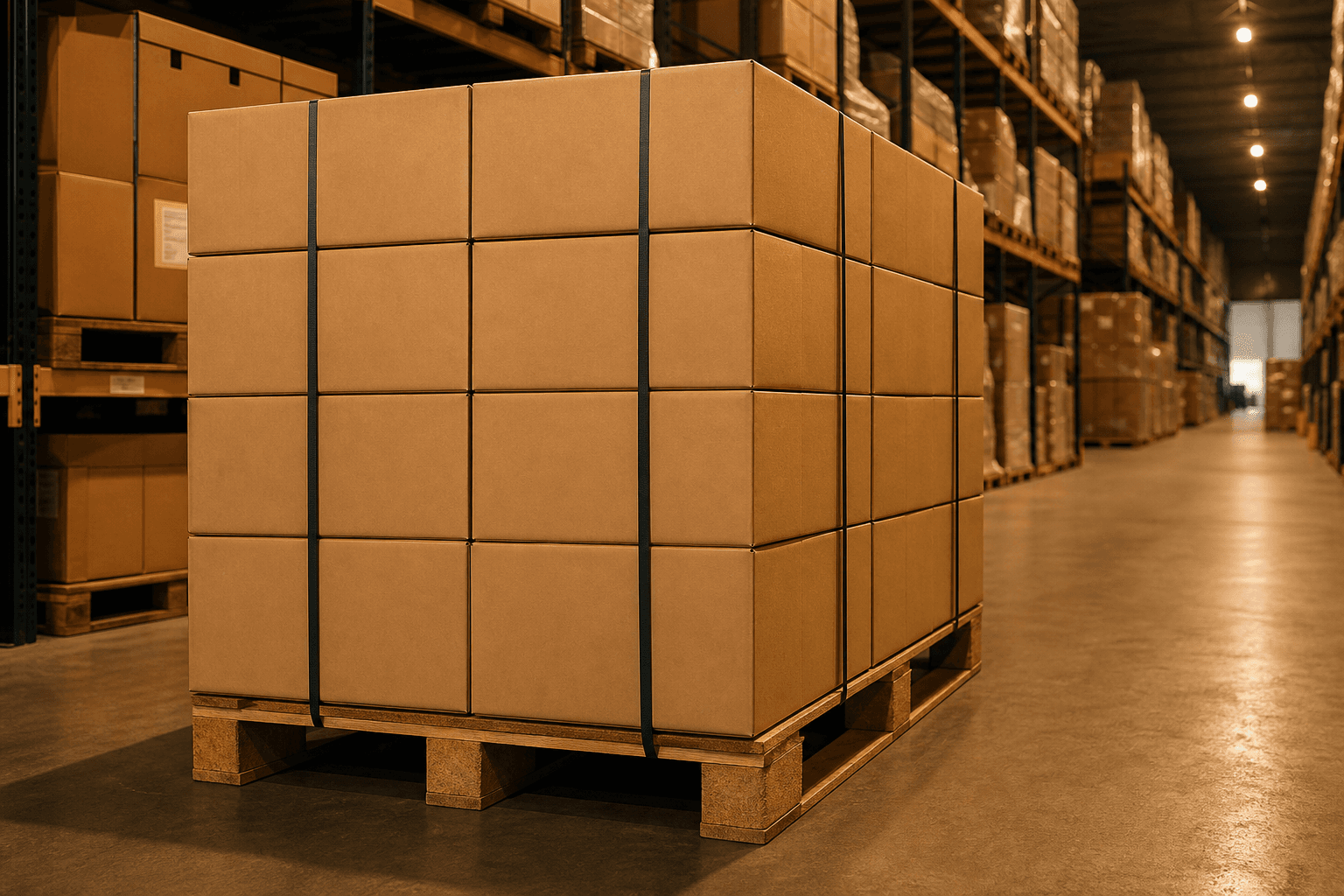 Stacked cartons of packaging in a warehouse